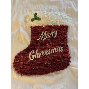 Red Tinsel Stocking Merry Christmas Holiday Decoration Holly Berry Decoration